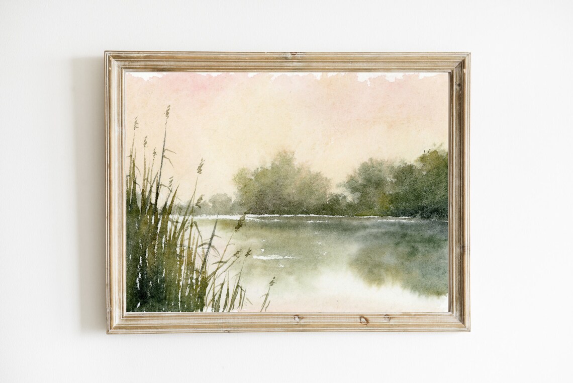 Sunset Lake Art Print, Watercolor Landscape