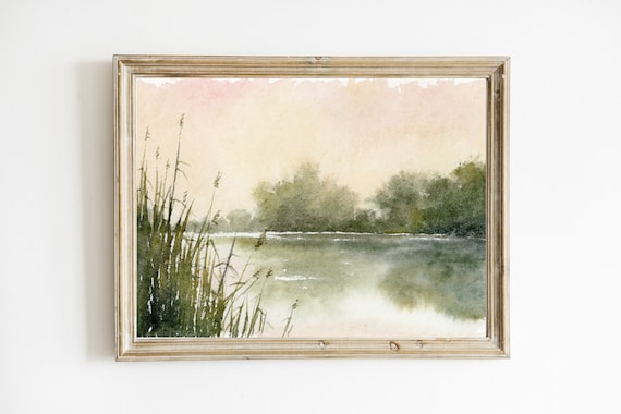 Sunset Lake Art Print, Watercolor Landscape