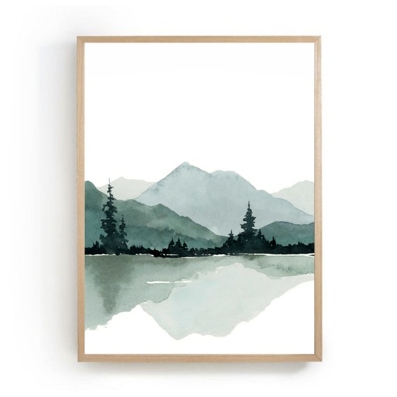 Mountain Lake Art Print Sage Green Wall Minimalist Neutral Landscape Pine Tree Watercolor Painting