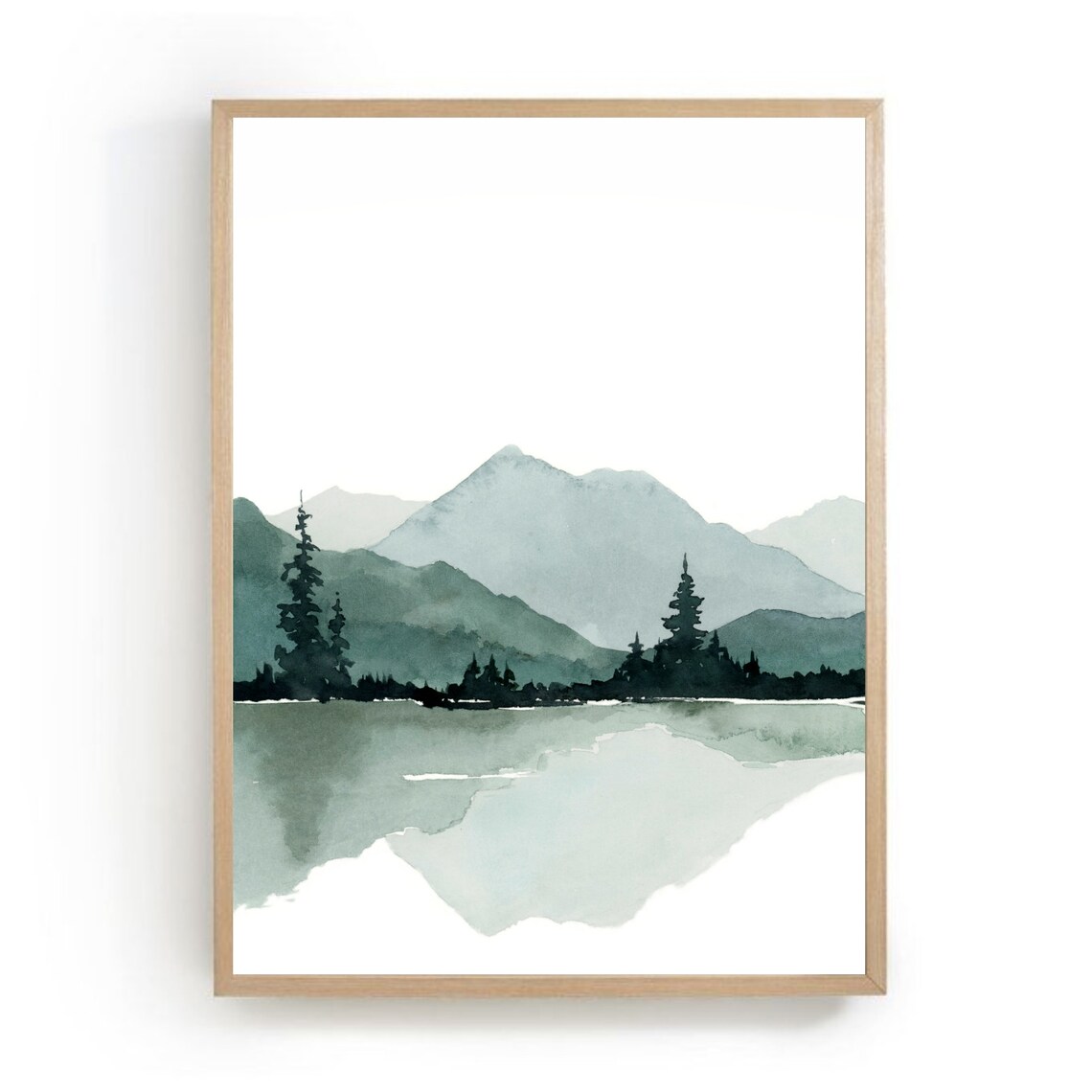 Sage Green Mountain Lake With Pines Minimalist Watercolor Art Print