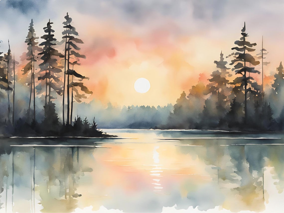 Sunset Lake Forest Abstract Watercolor Landscape