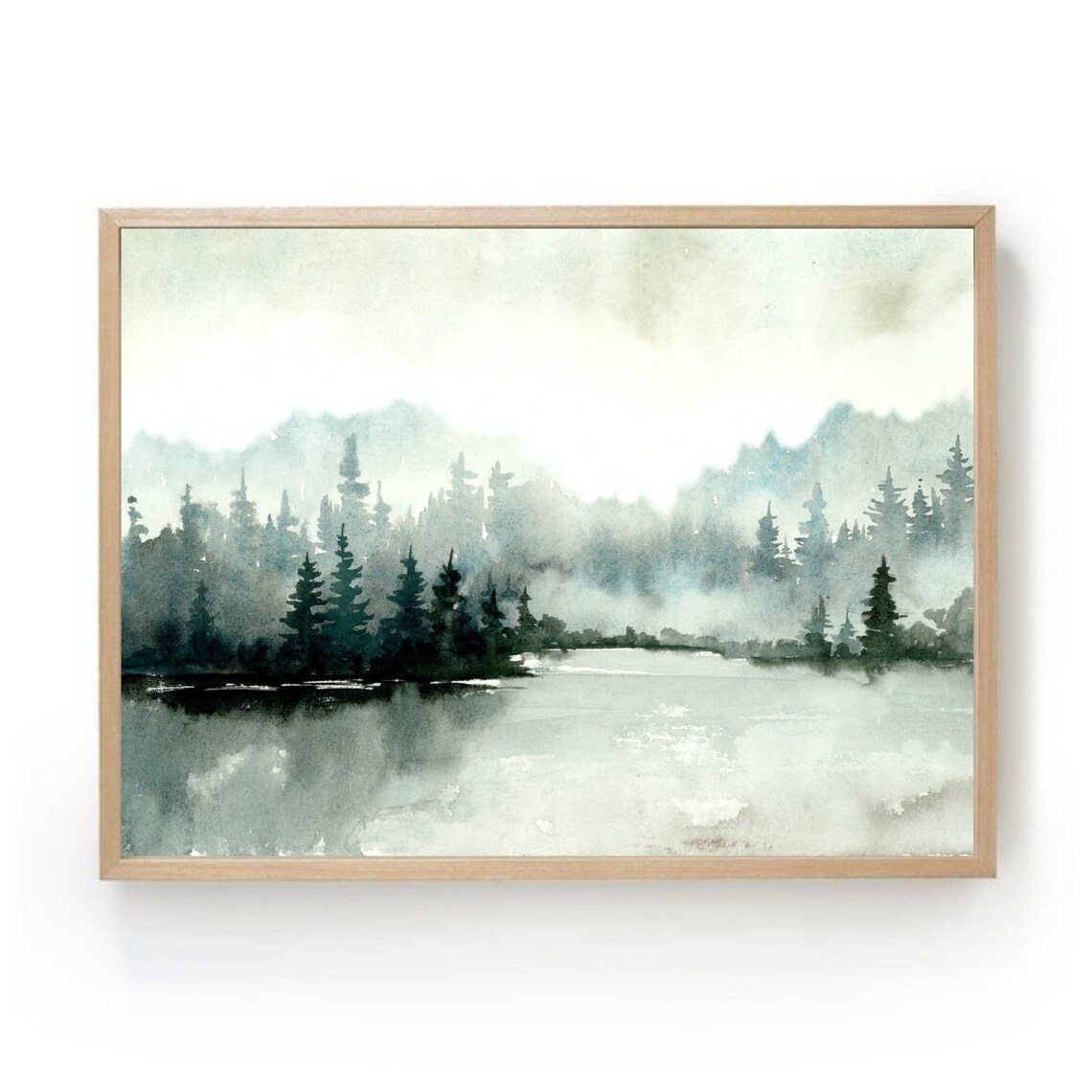 Forest Lake Watercolor Neutral Landscape Art Print