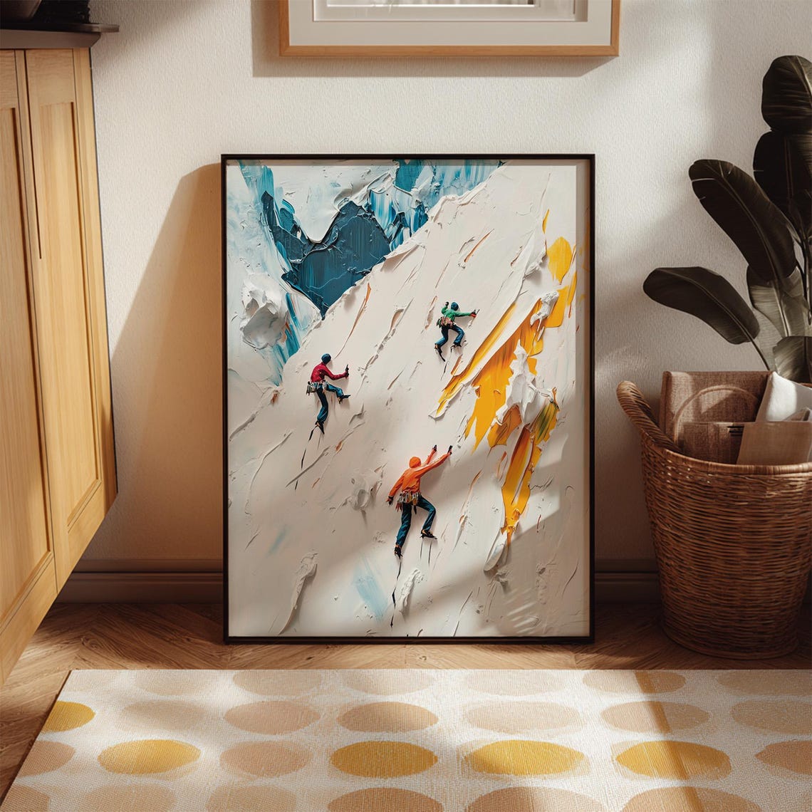 Tiny Rock Climbers on Abstract Impasto Mountain Face Art Print