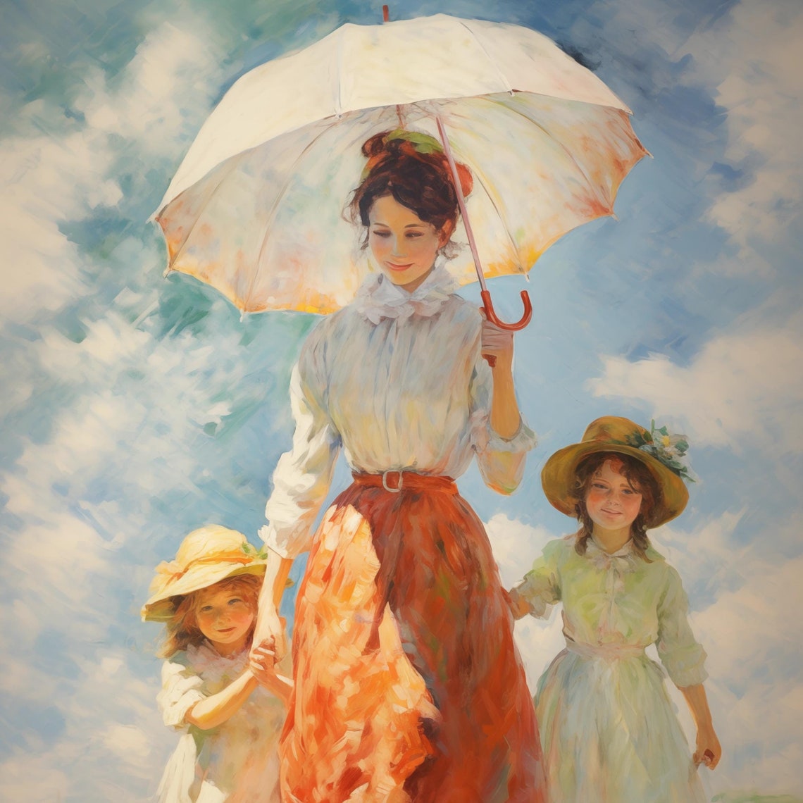 Impressionist Lady with White Parasol and Two Children Poster