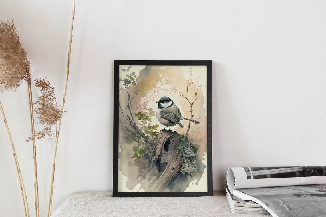 Perched Small Songbird Driftwood Stump Spring Watercolor Art Print - Image 2