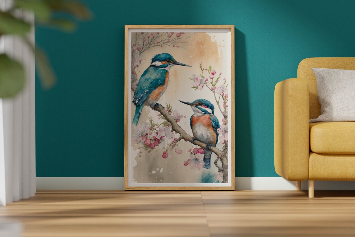 Kingfisher Pair Watercolor Poster Blossom Branch Bird Songbird Art - Image 2