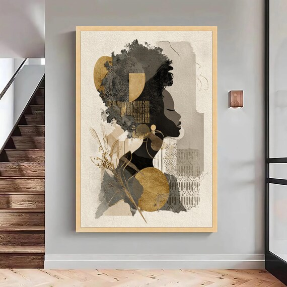 Abstract African Woman Art Gold Accent Silhouette Ready To Hang