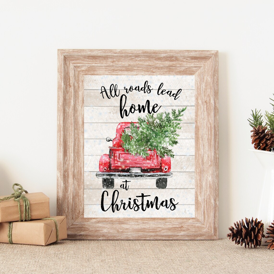 All Roads Lead Home at Christmas Vintage Red Truck Tree Farmhouse Poster