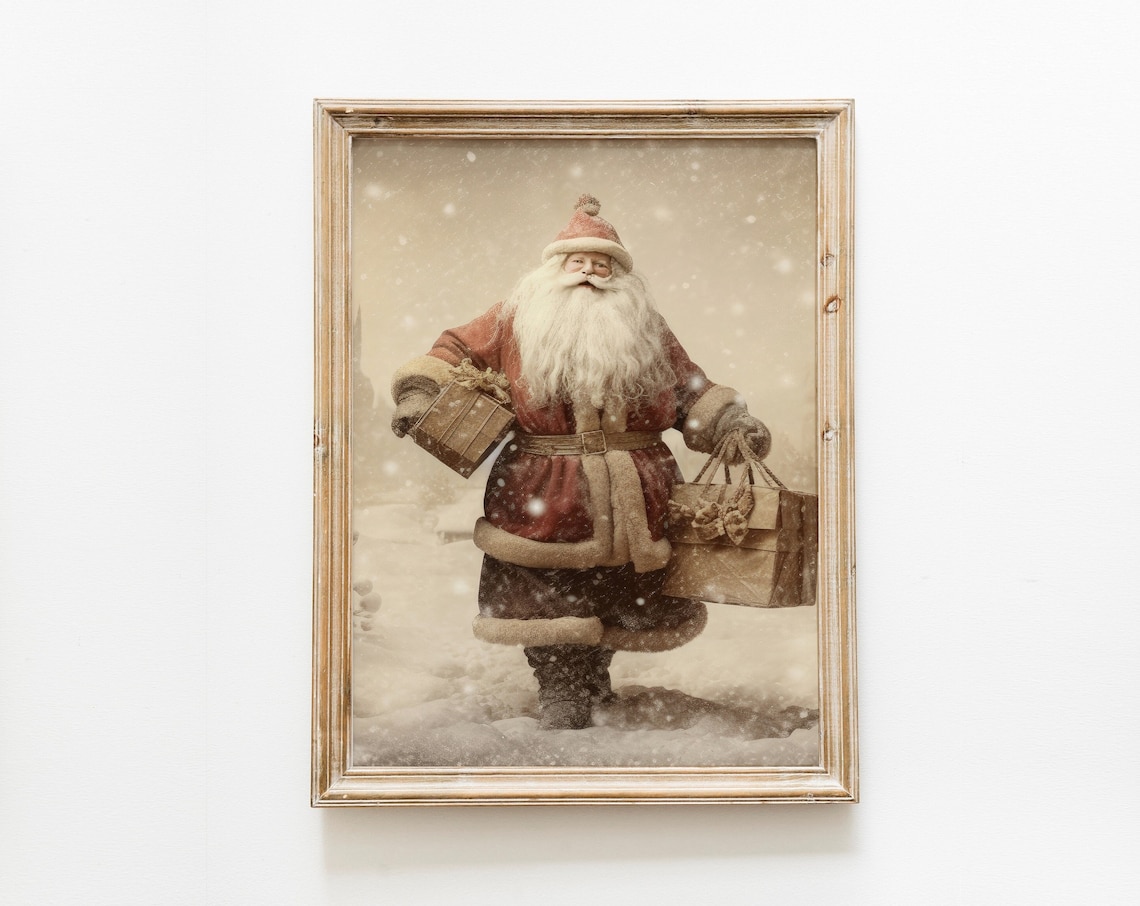 Vintage Santa Painting Print, Christmas Holiday Decor