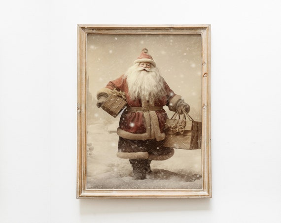 Vintage Santa Painting Print, Christmas Holiday Decor