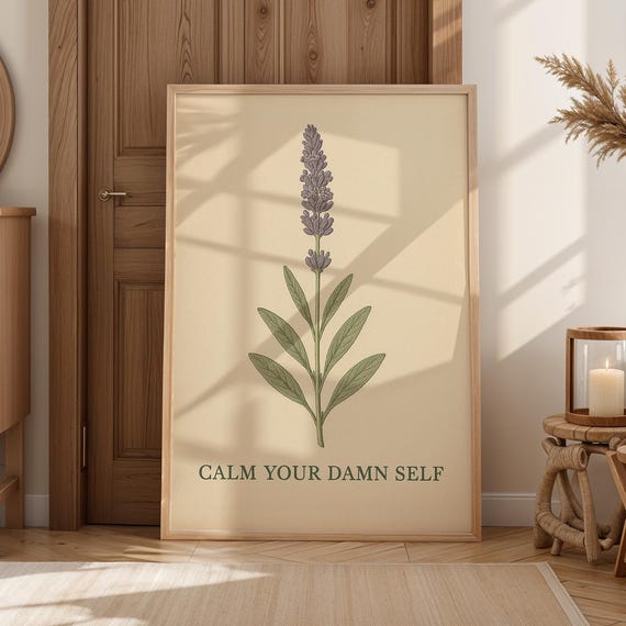 Funny Lavender Botanical Print Calm Your Damn Self Vintage Art