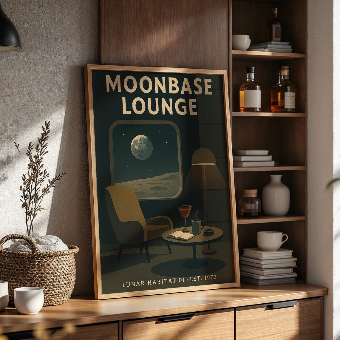Moonbase Lounge Retro Space Age Lunar Habitat 1972 Cocktail Art Poster
