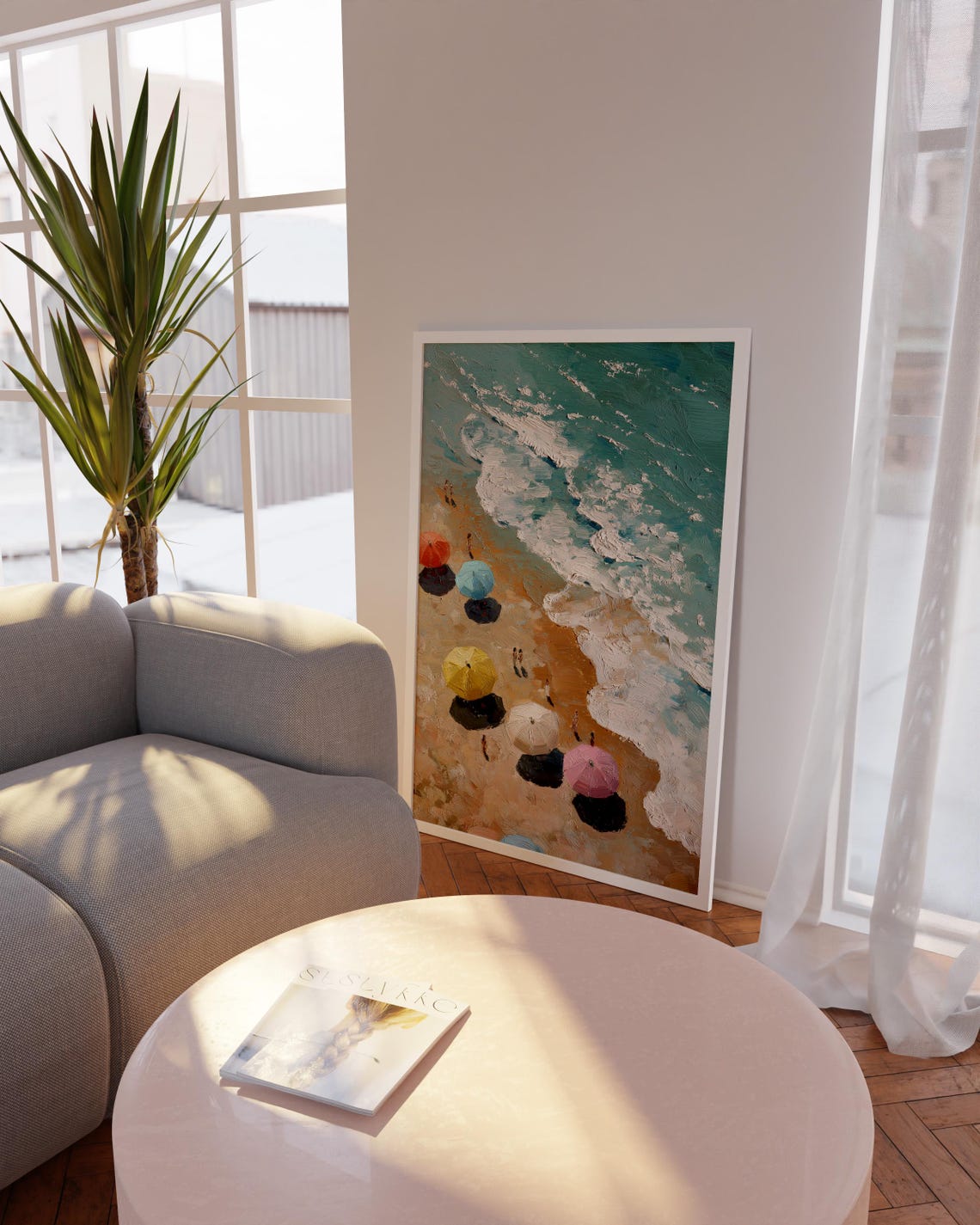 Aerial View Beach Umbrellas On Turquoise Shore Pastel Oil Poster