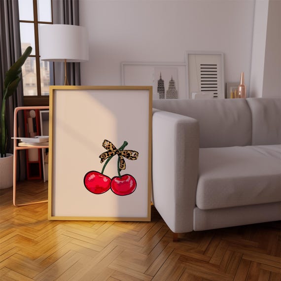 Leopard Print Cherrycherry Illustration With Bow Retro Pop Art Stylewatercolor Cherry Wall Artgirly Y2k Decor