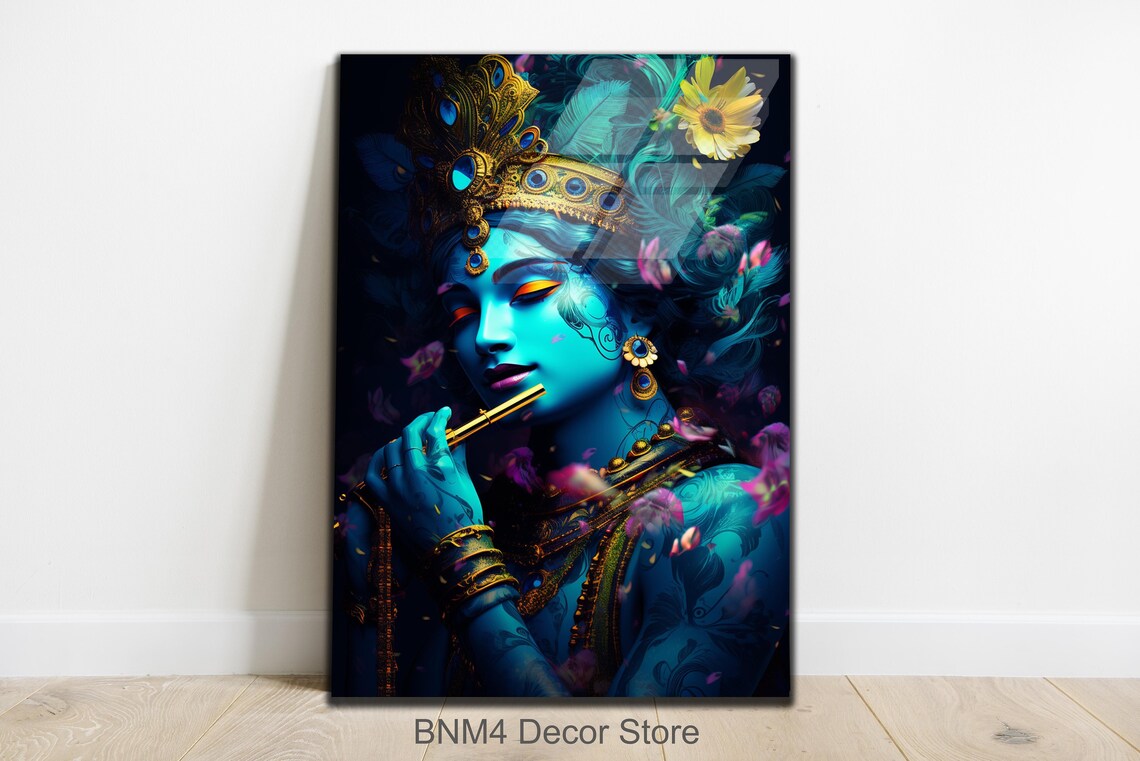 Krishna and Flute Art Print, Indian Spiritual Decor
