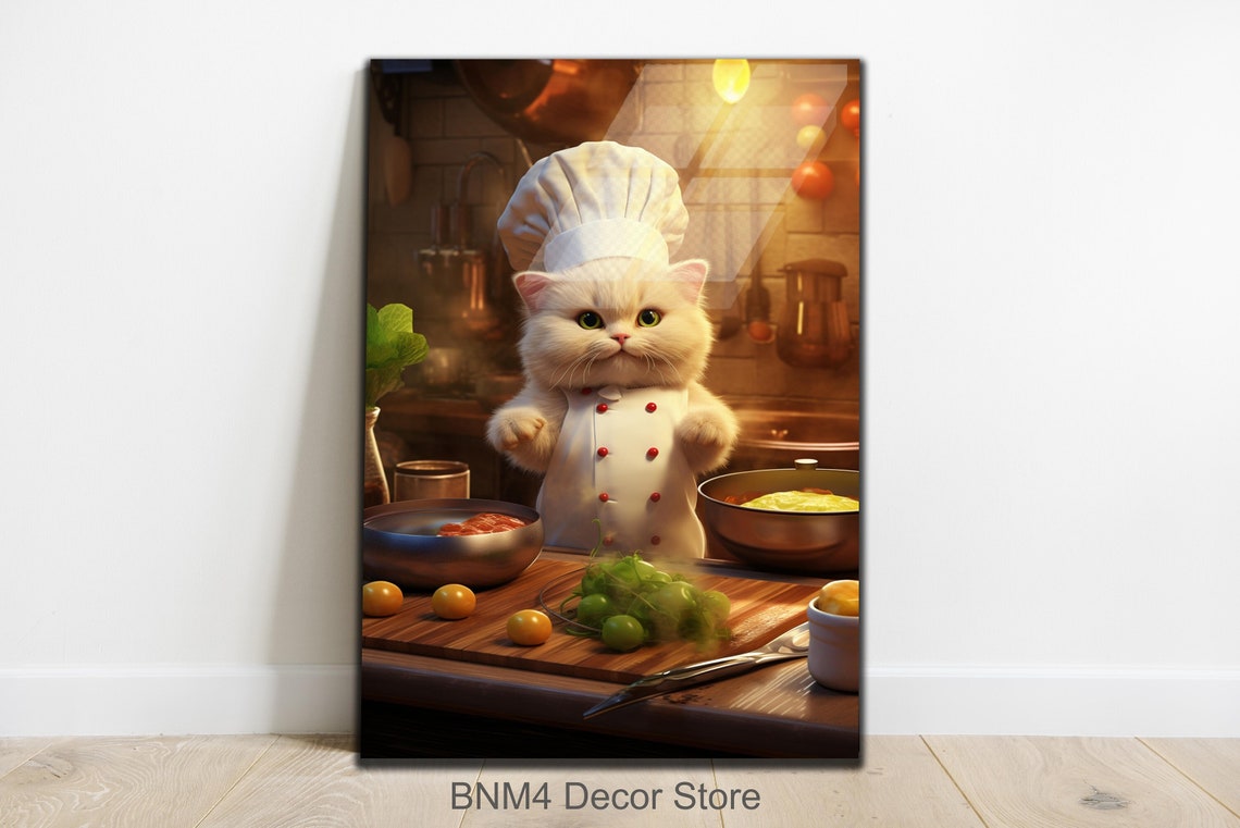 Chef Cat Tempered Glass Wall Art Chef Cat Glass Decor Large Wall Art Kitchen Gift Cute Cat Decor Wall Hangings Vegetable Wall Art