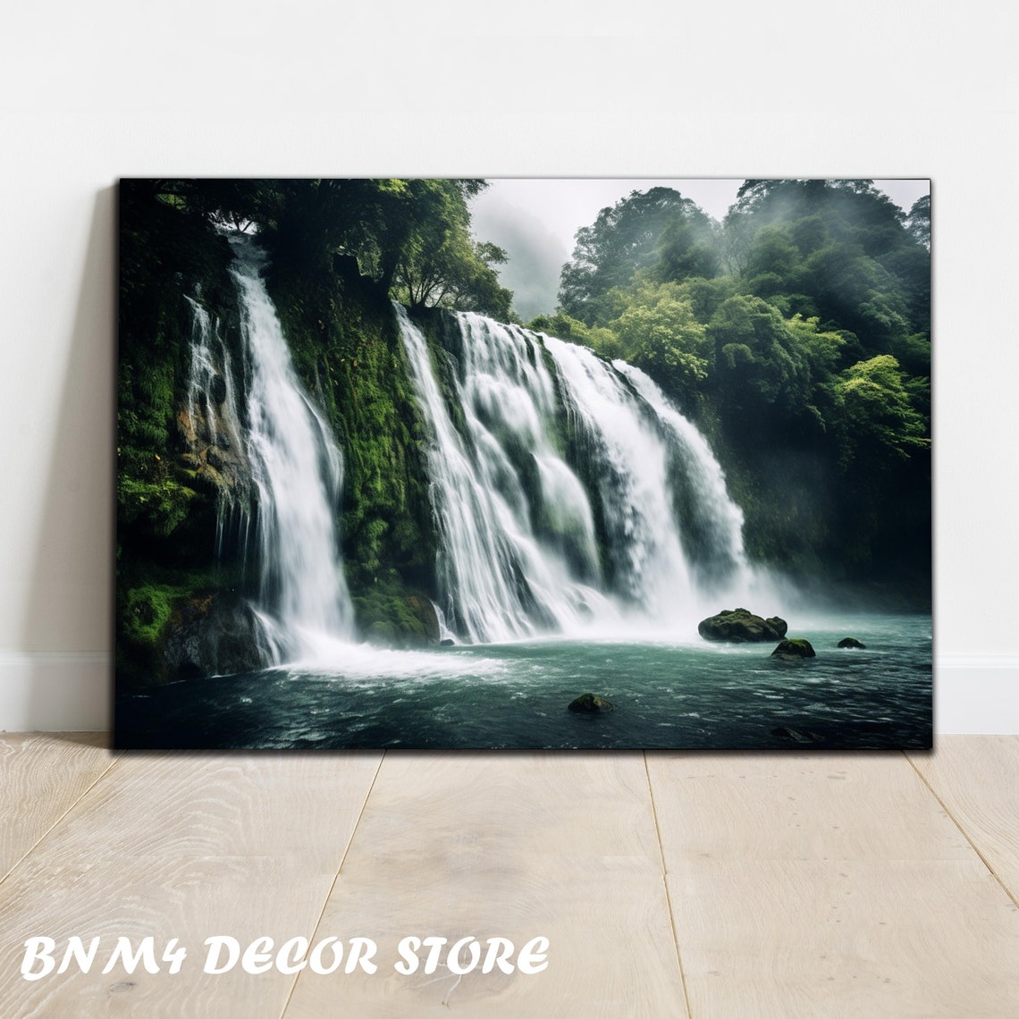 Wide Tropical Waterfall Curtain Misty Jungle Cliff Green Nature Poster