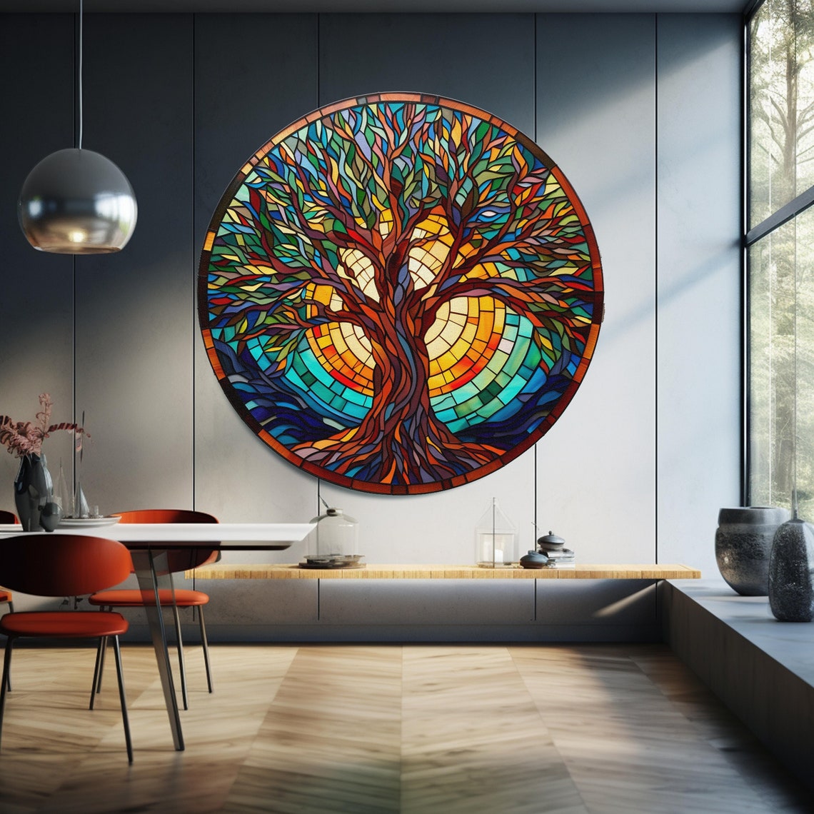 Round Stained Glass Tree Of Life Sunset Colors Circle Wall Art Poster