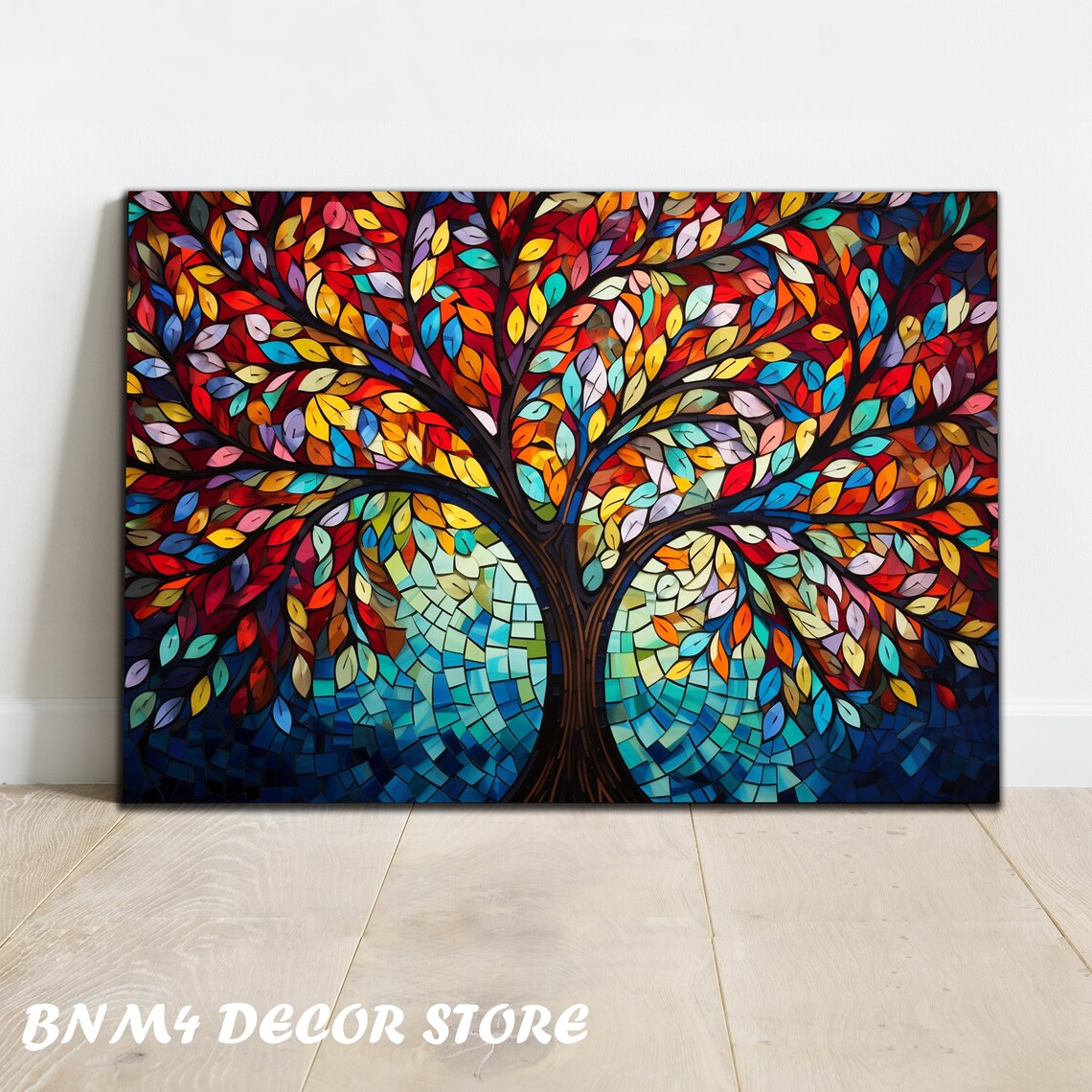 Mosaic Tree of Life with Red Orange and Blue Autumn Leaves Poster
