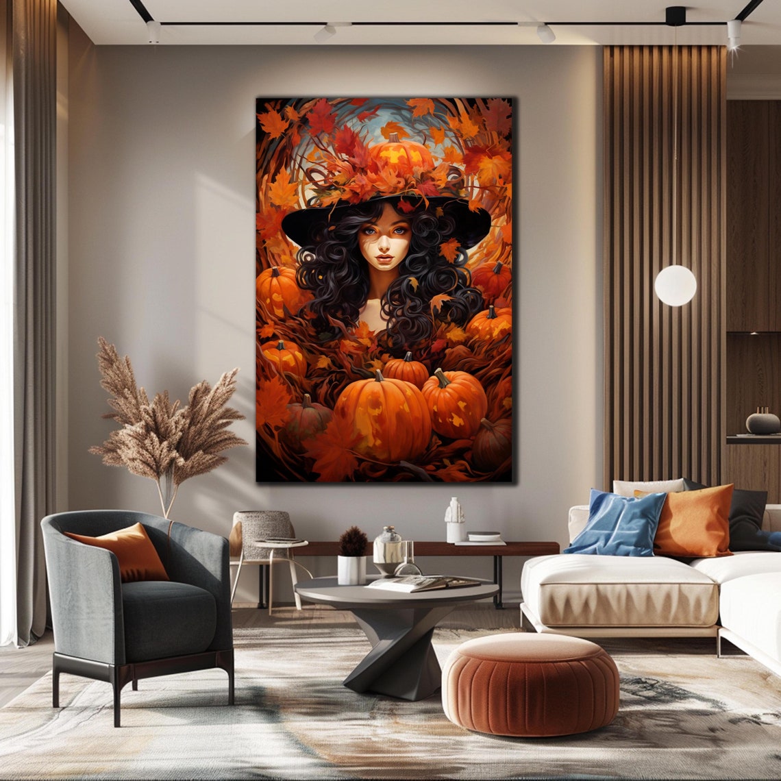 Autumn Pumpkin Goddess Falling Leaves Warm Harvest Portrait Wall Art