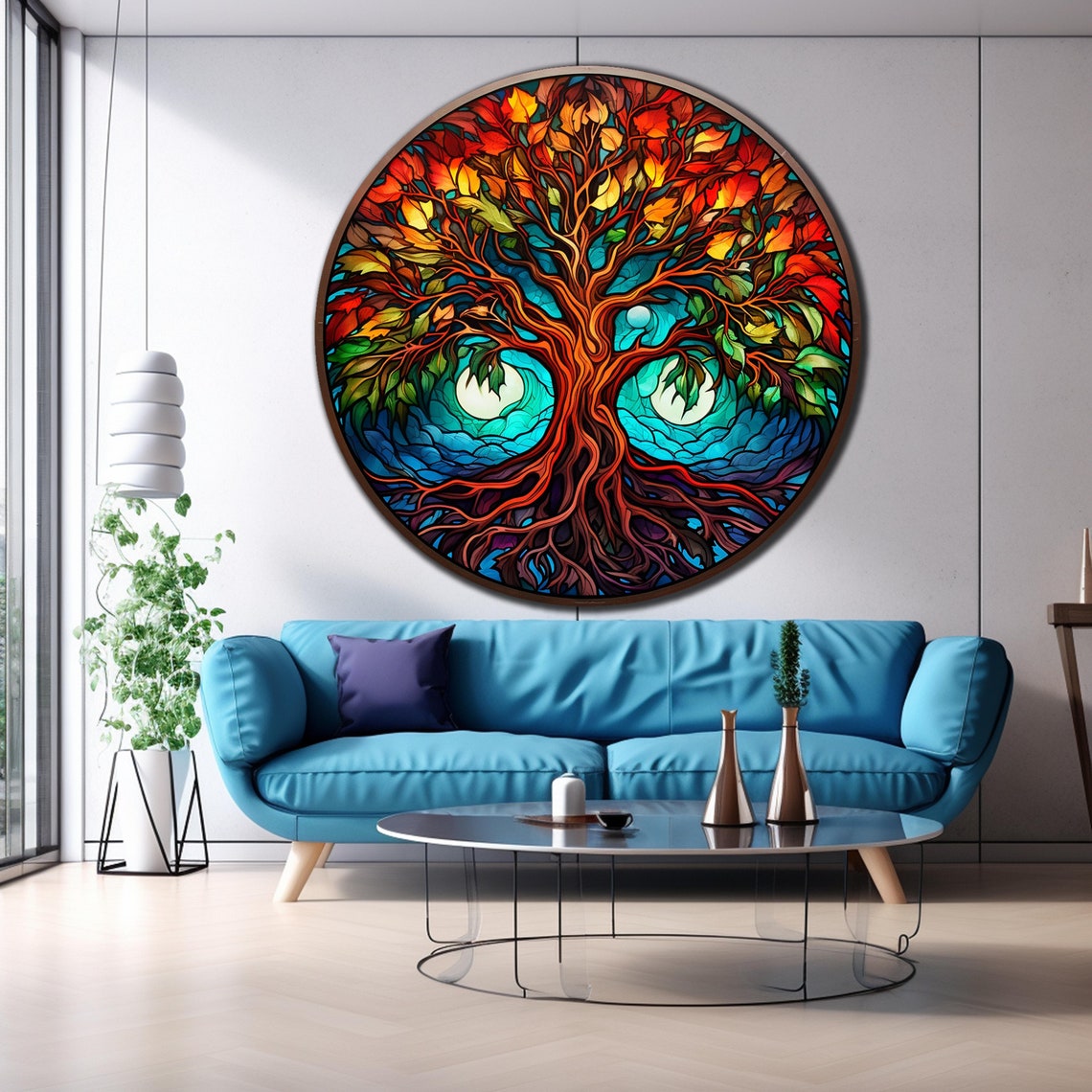 Stained Glass Tree Of Life Fiery Red Leaves Teal Round Wall Poster