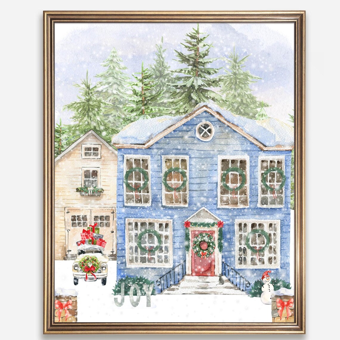 Blue Christmas House With Wreaths Snowy Village Holiday Wall Art