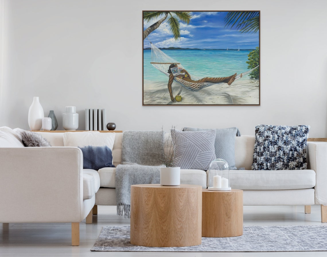 Woman Reading Book Hammock Beach Palms Turquoise Ocean Poster - Image 3