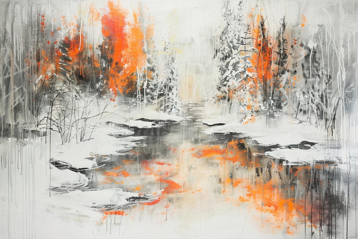 Winter Stream Snowy Forest Orange Trees Reflection Scenic Poster - Image 6