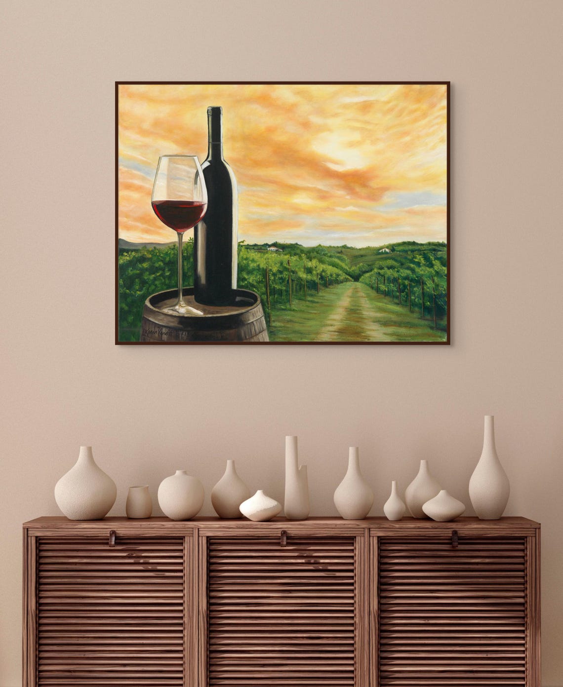 Wine Bottle Glass Barrel Vineyard Sunset Golden Sky Country Poster - Image 2
