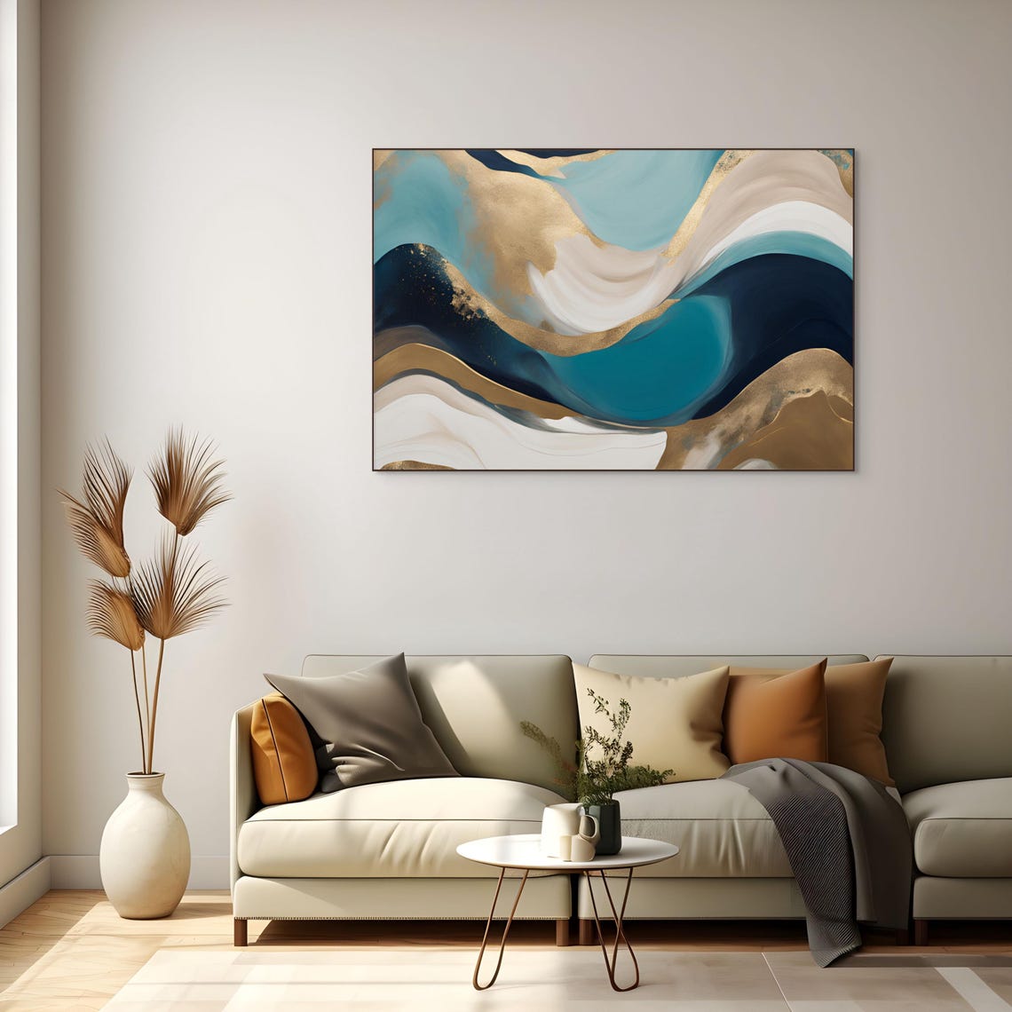 Abstract Flowing Waves Teal Navy Gold White Modern Art Poster - Image 4