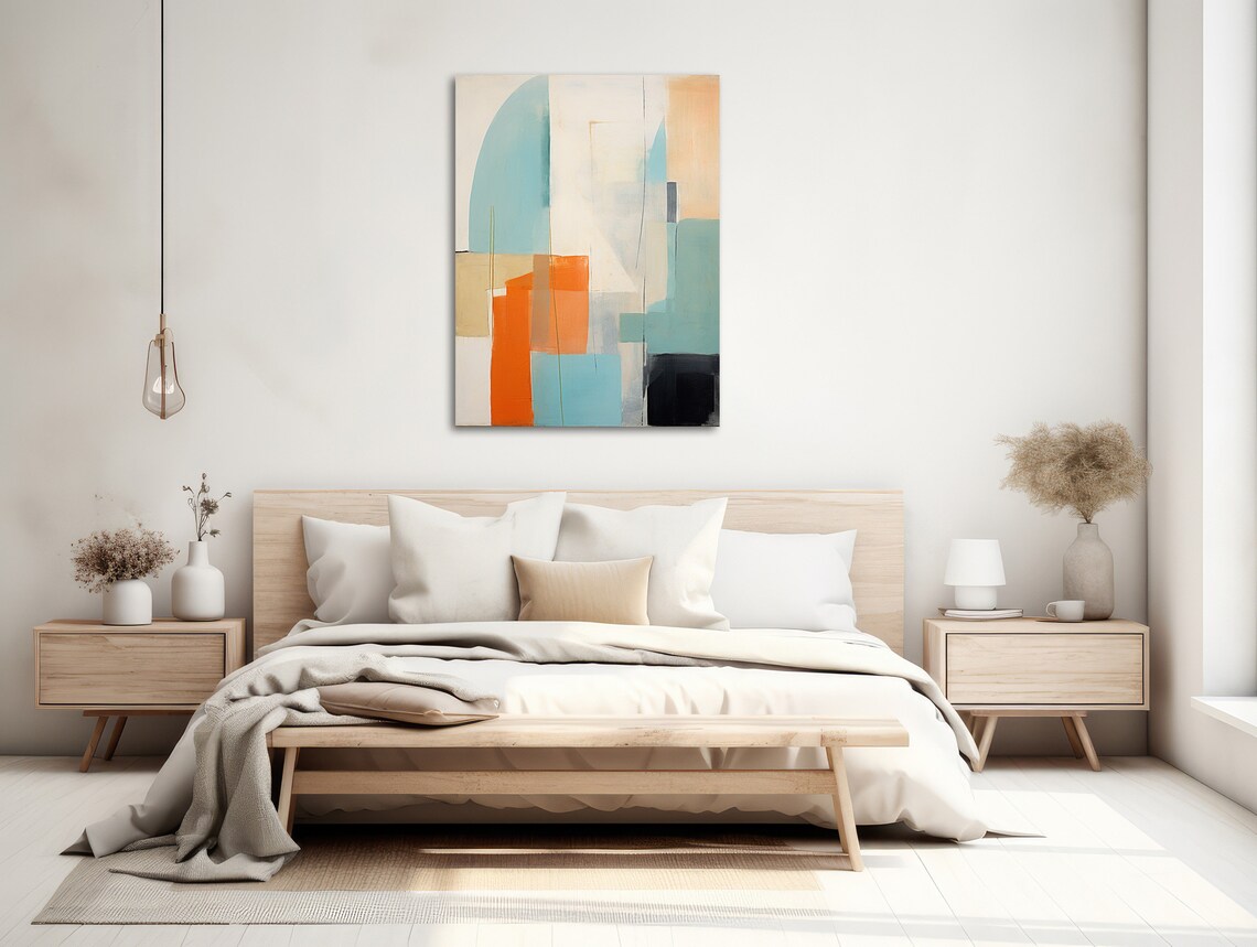 Large Minimal Wall Art Modern Abstract Painting Framed Print Beige Orange Teal Pastel Pallet 2 - Image 2