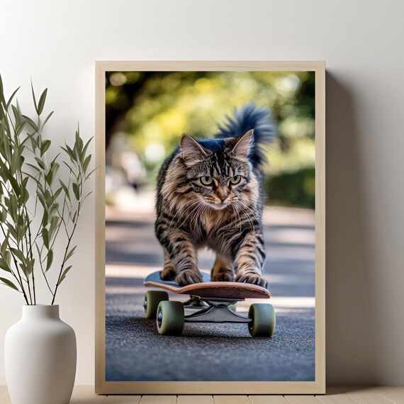 Cat Print, Funny Skateboarding Animal Poster