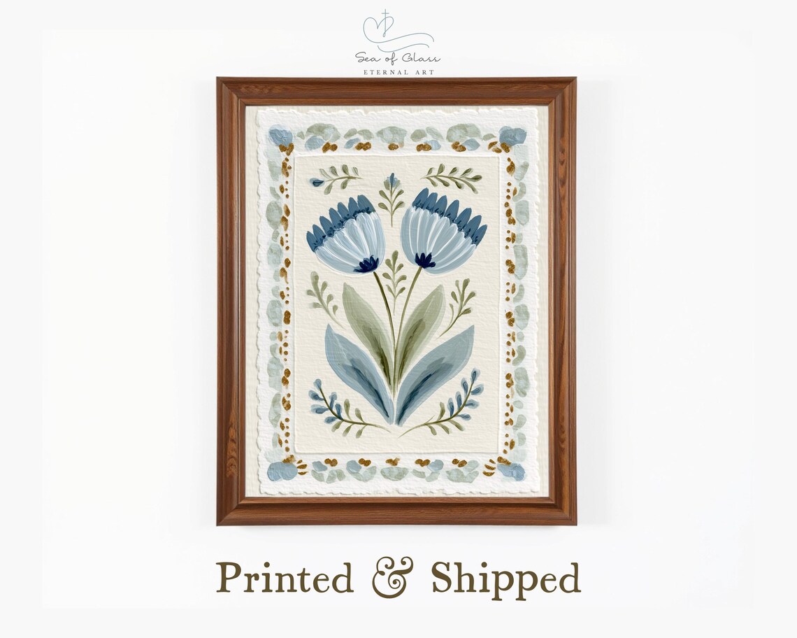 Blue Tulip Botanical Art Print, Vintage Scandinavian Folk