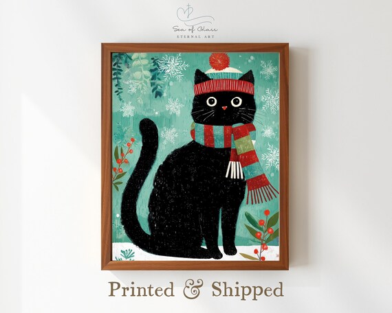 Black Cat Christmas Poster Winter Hat Scarf Teal Holiday Cute Art