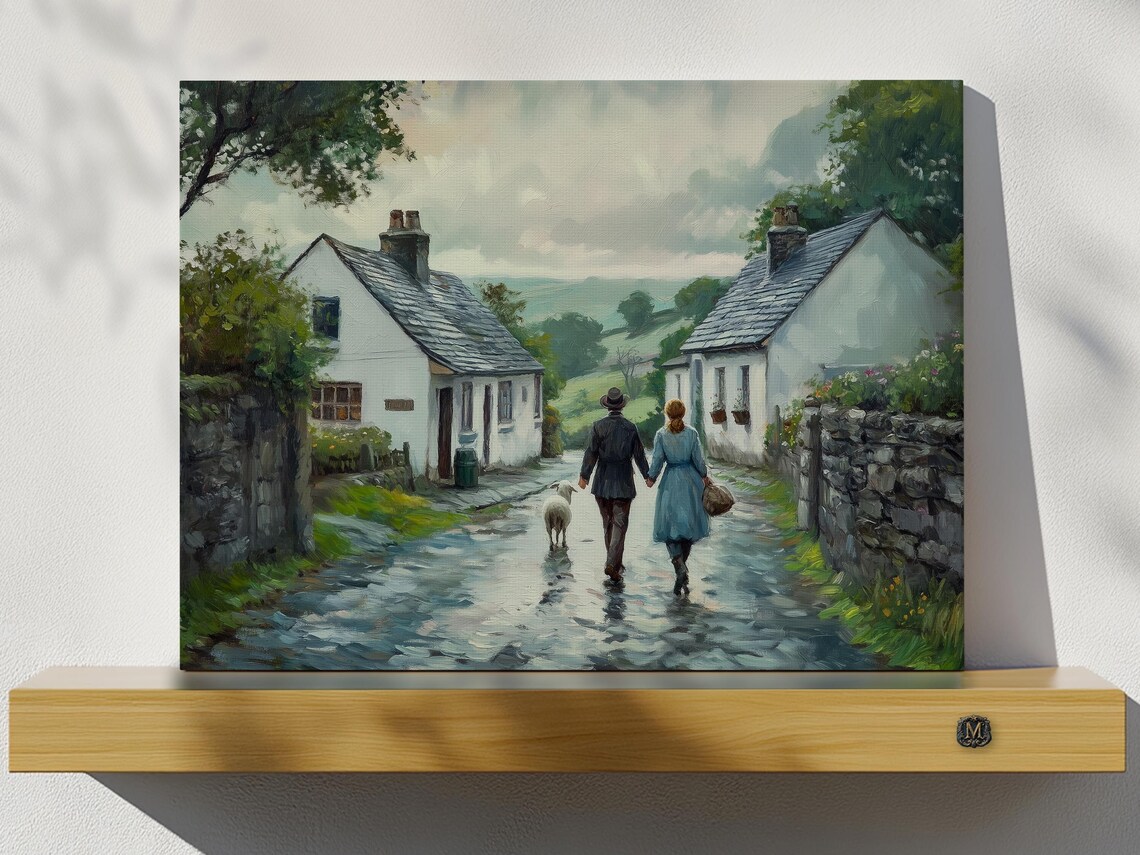 Cozy English Village Lane Couple Walking Stone Cottages Art Poster