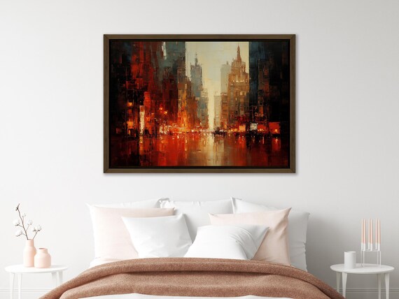 Abstract Cityscape Canvas Print Wall Art Modern Red Dark Home Decor