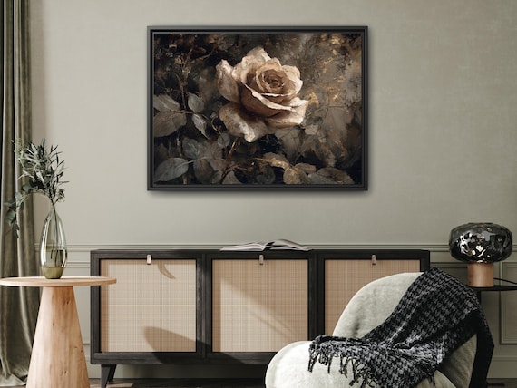 Dark Academia Framed Canvas Print White Rose Moody Floral Art
