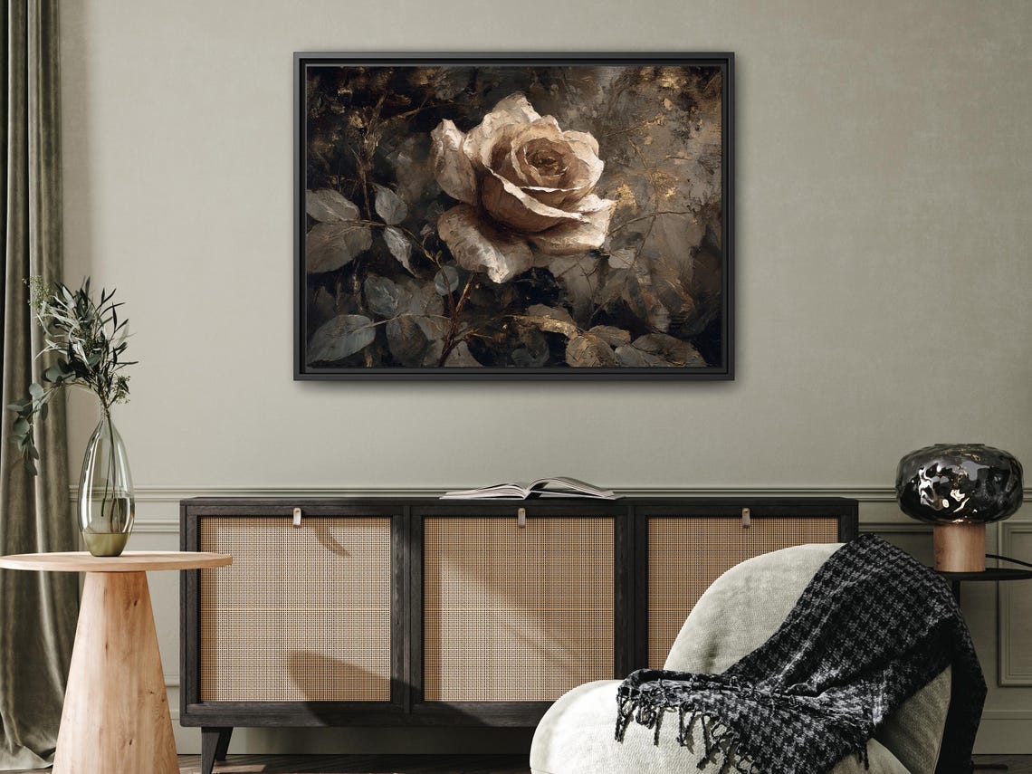 Dark Academia Framed Canvas Print White Rose Moody Floral Art