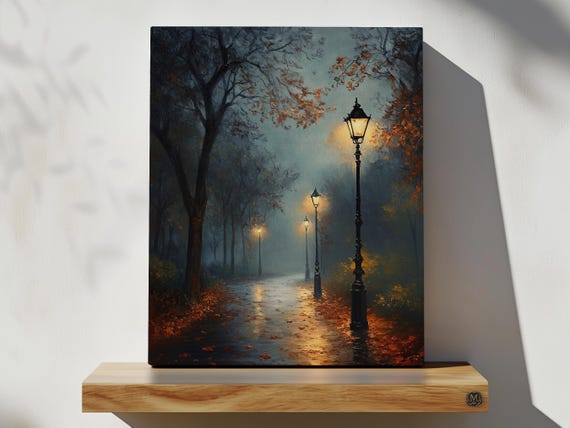 Evening Lights In Autumn Print On Canvas Or Premium Archival Paper Vintage Park Fall Moody Wall Art Oil Lamp Post Landscape Painting