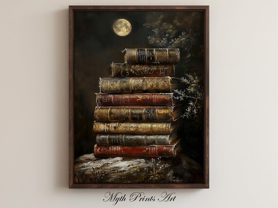 Antique Intricate Books Print Atmospheric Moonlight Oil Painting Vintage Art Full Moon Landscape Wall