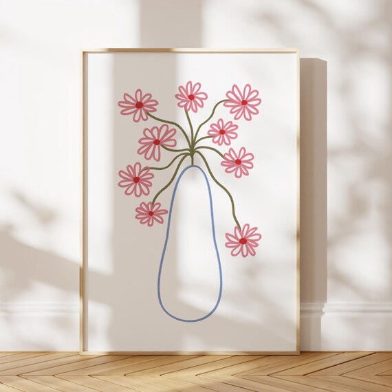 Pink Floral Line Print Abstract Flower Bouquet Decor Pastel Girly Handdrawn Wall Art Botanical