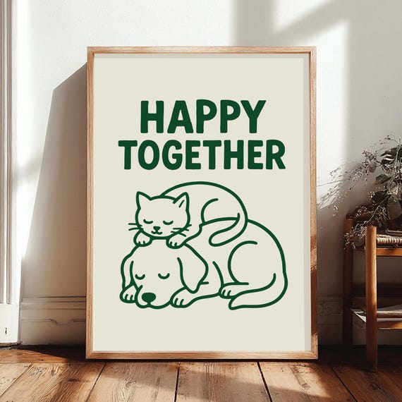 Happy Together Dog Cat Print Wall Art Funny Poster Illustration Relaxed Decor Unique Artwork Only