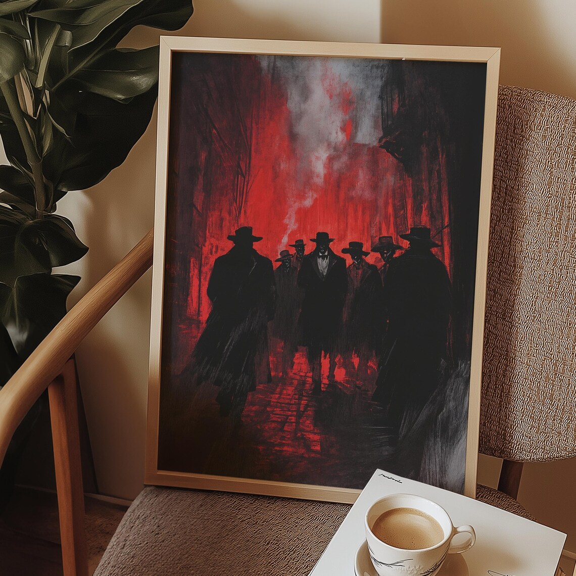Crimson Alley Noir Gang Silhouette Dark Red Retro Crime Scene Poster - Image 2
