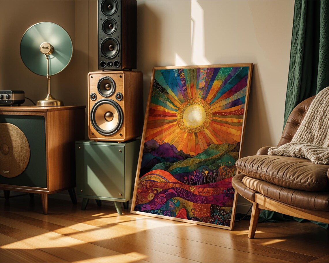 Boho Sun Art Print, Colorful Sunset Mountains - Image 3