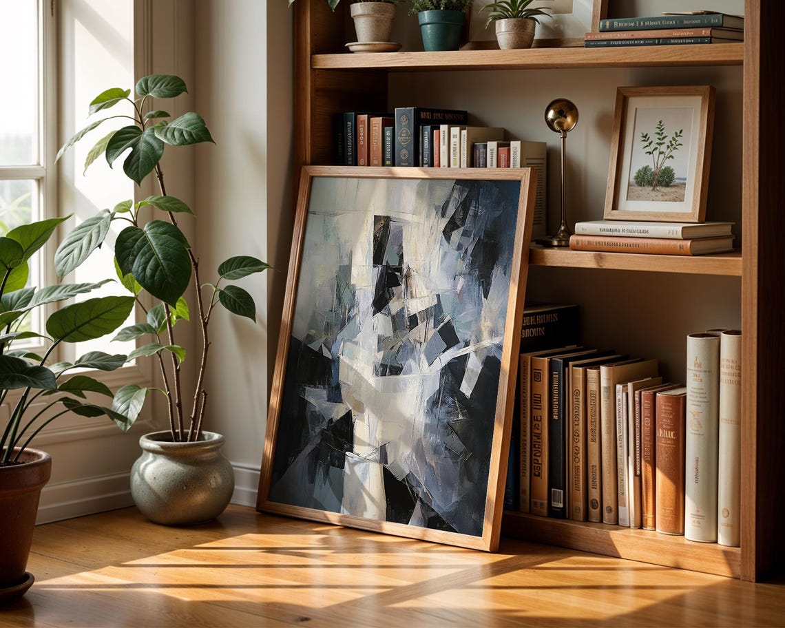 Monochrome Cubist Geometric Abstract Faceted Shapes Painting Poster - Image 4