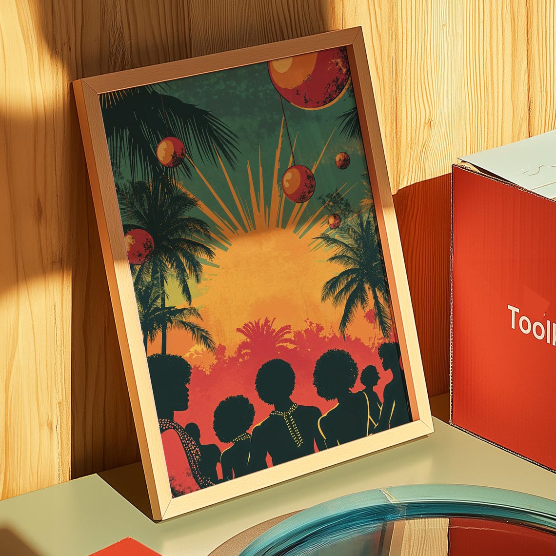Retro Tropical Sunset Palm Trees Silhouette Crowd Vintage Art Poster - Image 3