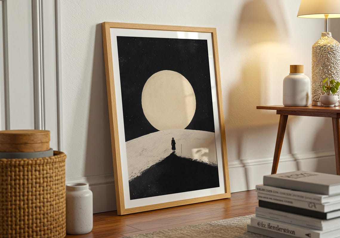 Lone Traveler Giant Moon Night Minimalist Snowy Hill Silhouette Poster - Image 2