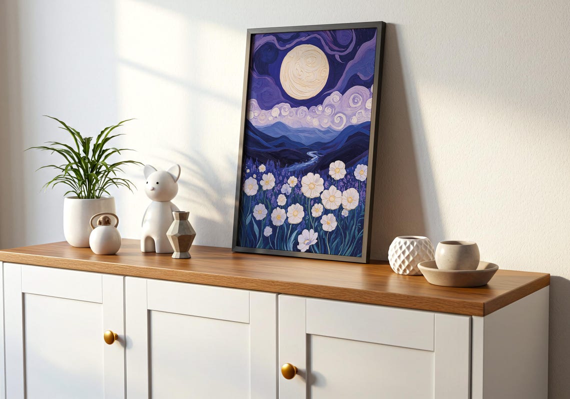Moonlit Lavender Field White Daisies Starry Night Sky Poster - Image 3