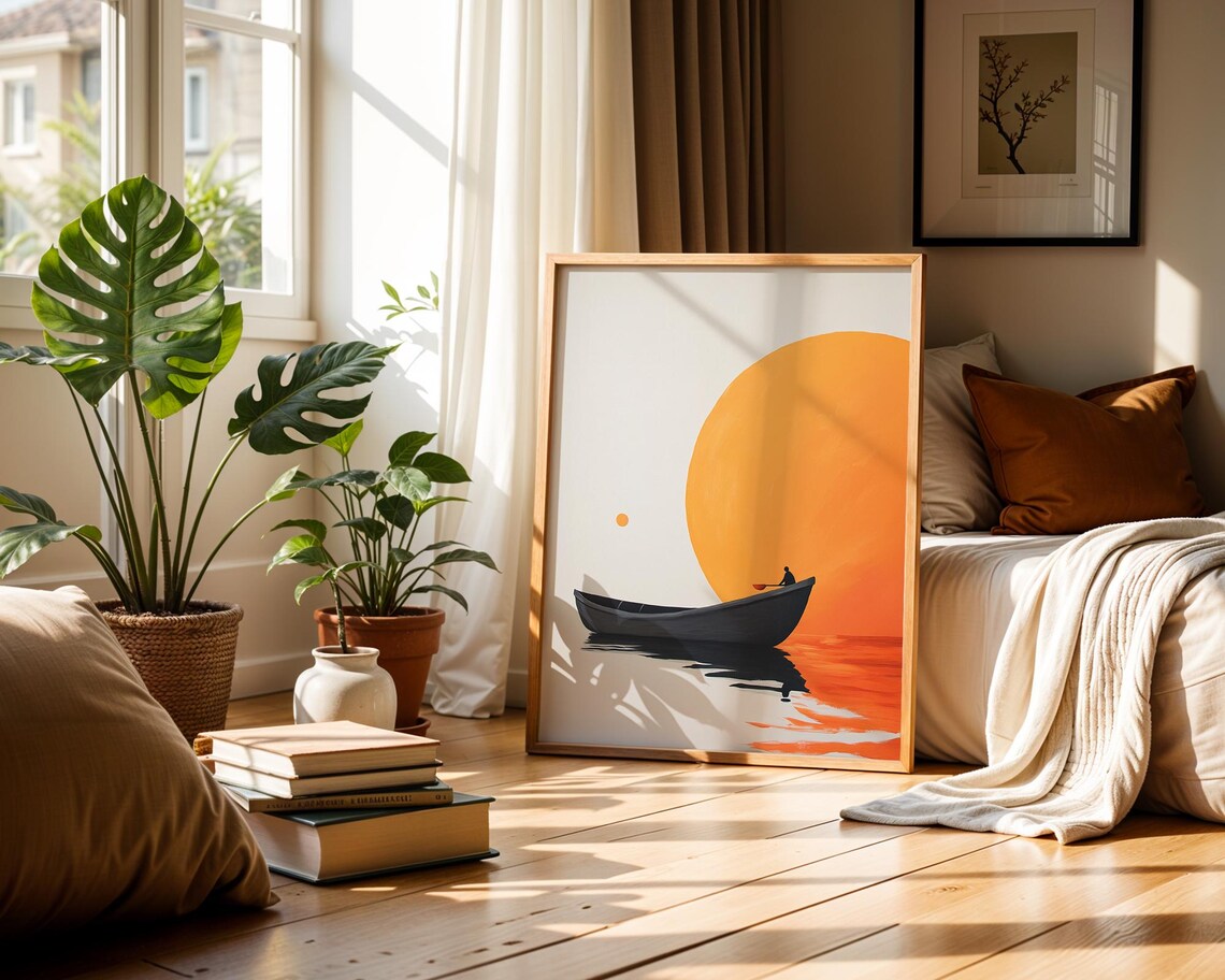 Lone Boat Giant Orange Sun Minimalist Sunset Lake Wall Poster - Image 2