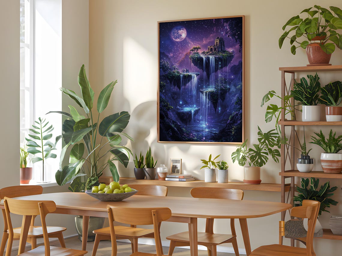 Floating Island Castle Waterfalls Purple Night Fantasy Poster - Image 5